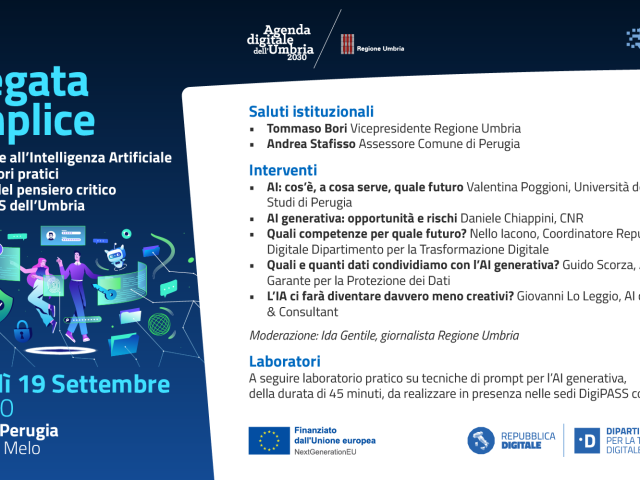 L’Intelligenza Artificiale entra nei Punti Digitale Facile dell’Umbria: il 19 settembre primo laboratorio formativo