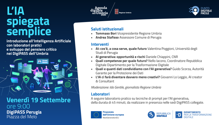 L’Intelligenza Artificiale entra nei Punti Digitale Facile dell’Umbria: il 19 settembre primo laboratorio formativo